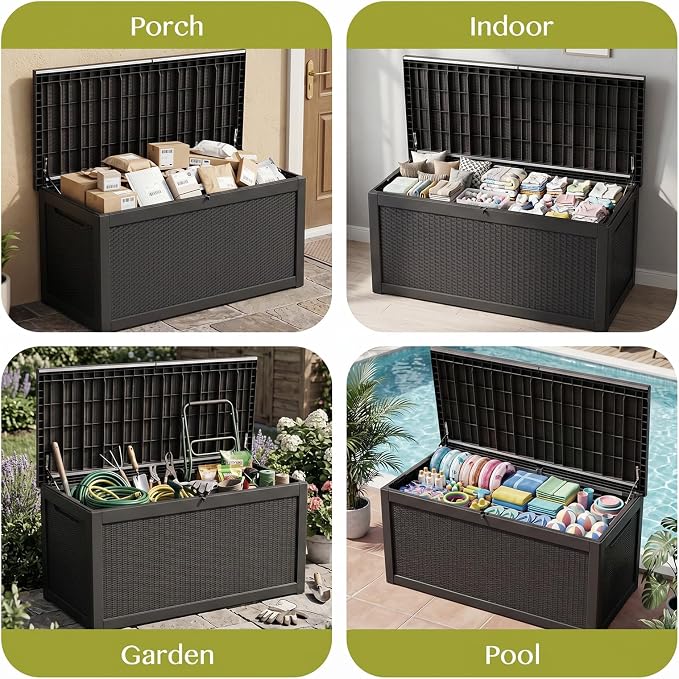 Waterproof Outdoor Storage Box Outside Deck Box Lockable Resin Bench UV Resistant Furniture Cushion Pool Tool Float Bin Patio Garden Porch (Black, 320 Gallon)