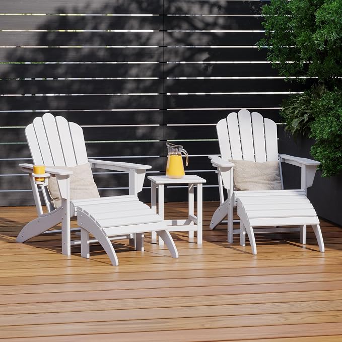 Costaelm Lakeview 5-Piece Adirondack Chair with Folding Ottoman and Table Set, White