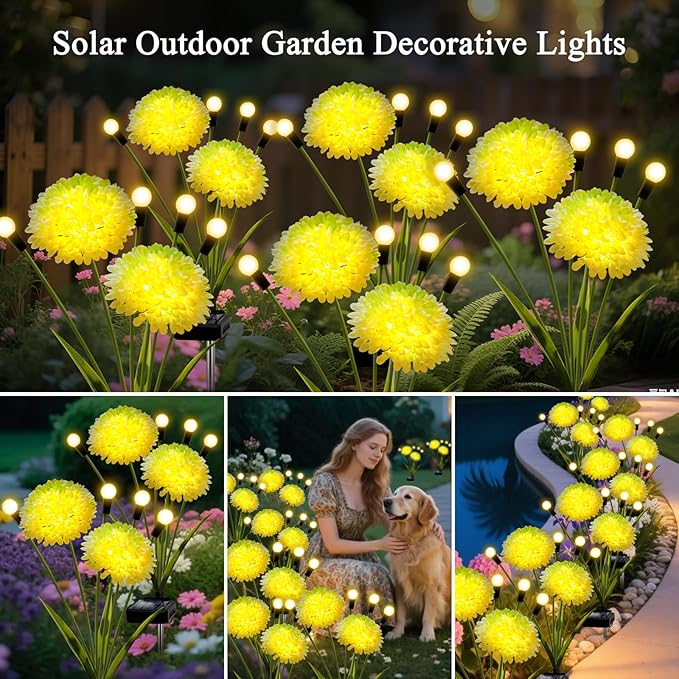 Solar Lights Outdoor Waterproof, 4 Pack Solar Firefly Swaying Lights with Flowers, Flower Light Garden Decor for Outside Yard Patio Thanksgiving for Women Grandma