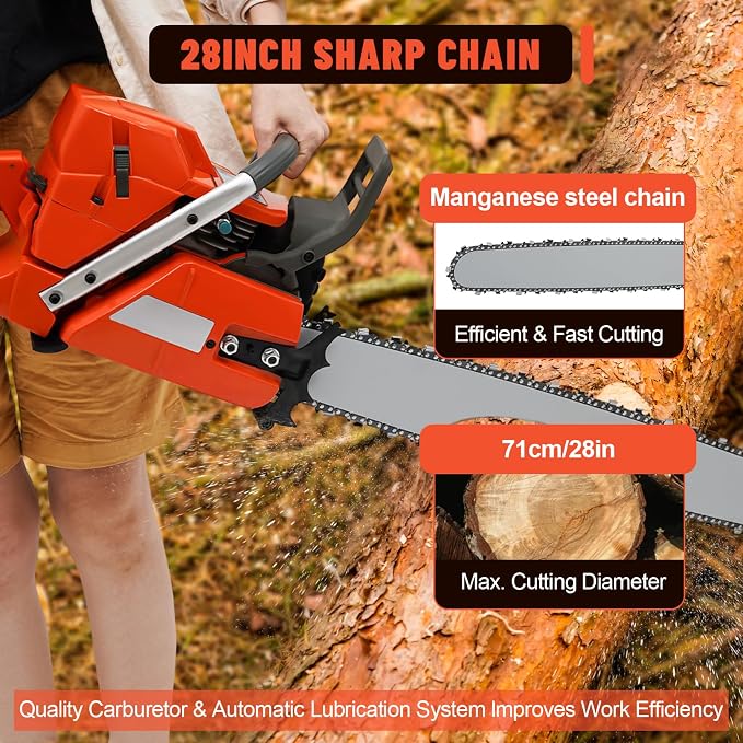 28In Gas Chainsaw, 71CC 2 Stroke Gas Powered Chainsaw, 10000Rpm High Speed Handheld Cordless Petrol Chain Saw, for Garden Pruning, Forest Logging, Chopping Wood