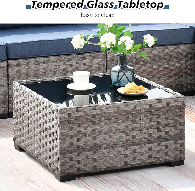 HOOOWOOO Outdoor Patio Sectional Furniture Sofa Set with Widened Armrest,12 Piece Large Modern Wicker Couch,Modular L Shaped Conversation Seating Set with Table for Out Door Garden Corner(Denim Blue)