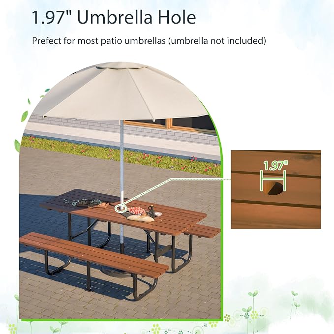72" Rectangular Commercial Picnic Table with Wooden Top, Metal Legs, Durable Outdoor Dining Table Camping Table with 1.97" Umbrella Hole for School, Warehouse, Brown