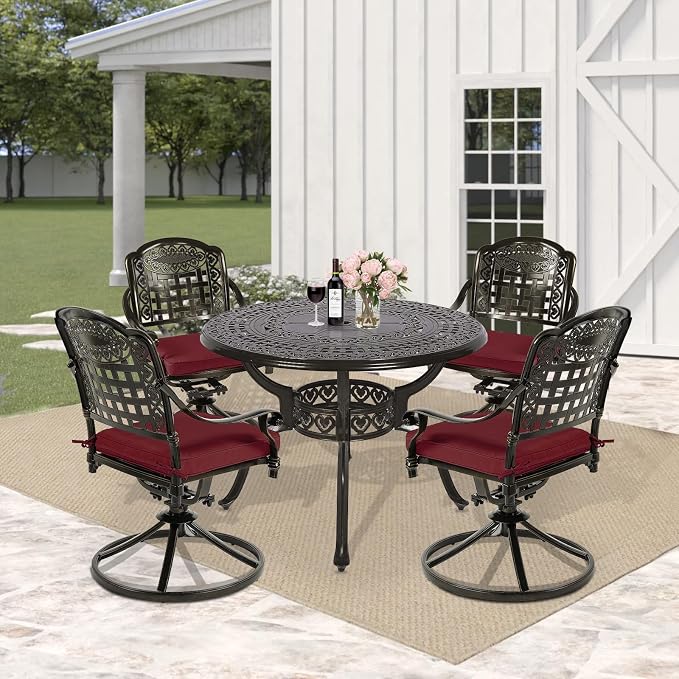 5 Piece Patio Dining Set, Outdoor Table and Chairs Set for 4 Cushioned Swivel Rocking Chairs and 38.5'' Round Table, All-Weather Cast Aluminum Patio Funiture Set, 2'' Umbrella Hole, Red