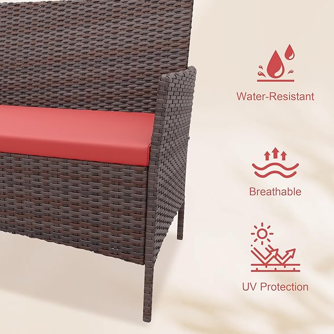 4 Piece Outdoor Patio Furniture Sets,Wicker Rattan Conversation Sets, Bistro Patio Set with 2 Chairs,Soft Cushion,Loveseat and 1 Glass Coffee Table for Backyard Porch Garden Poolside Balcony,Brown/Red