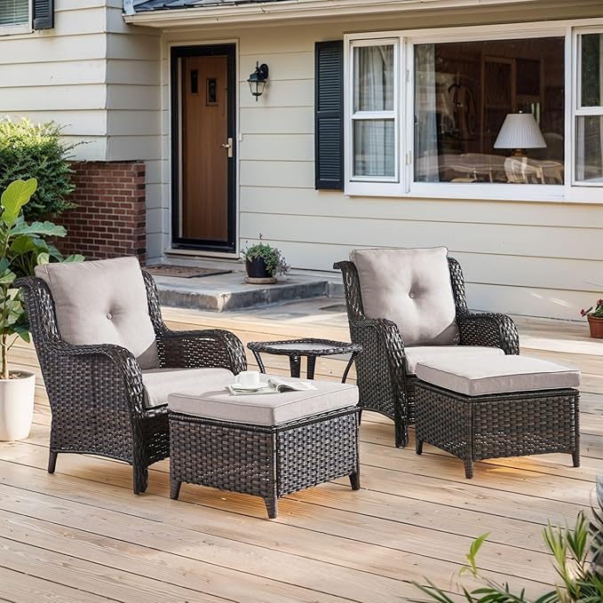 Belord Outdoor Wicker Furniture 5 Pieces Patio Furniture Set Patio Chairs with Ottomans and Side Table Conversation Set for Porch Garden Deck Balcony Poolside
