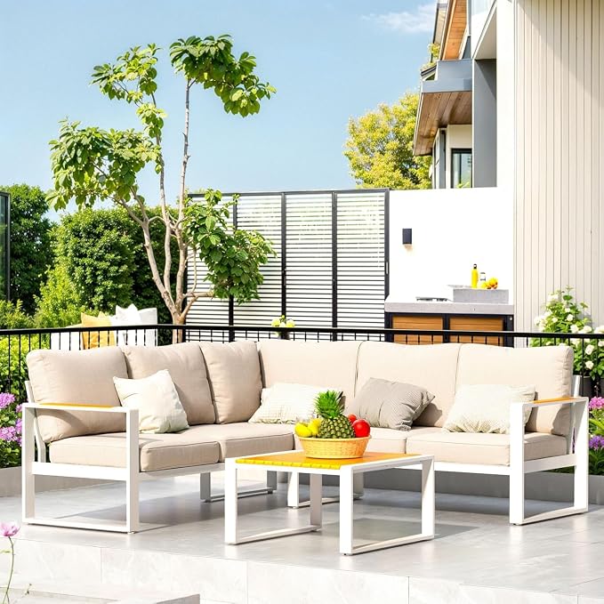 Outdoor Patio Furniture Set, Aluminum Sectional Sofa L Shape Conversation Sets, Modern Metal Patio Couch Sofa and Teak Desktop Aluminum Table for Patio, Porch, Backyard