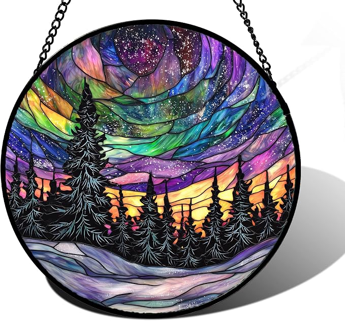 DASTOLL Stained Glass Window Hanging, Van Gogh Night Scene Sun Catchers Colorful Glass Panel Starry Sky Suncatcher Decor for Birthday for Women, Men, Wife, Aunt, and Mom 11.8x11.8 in