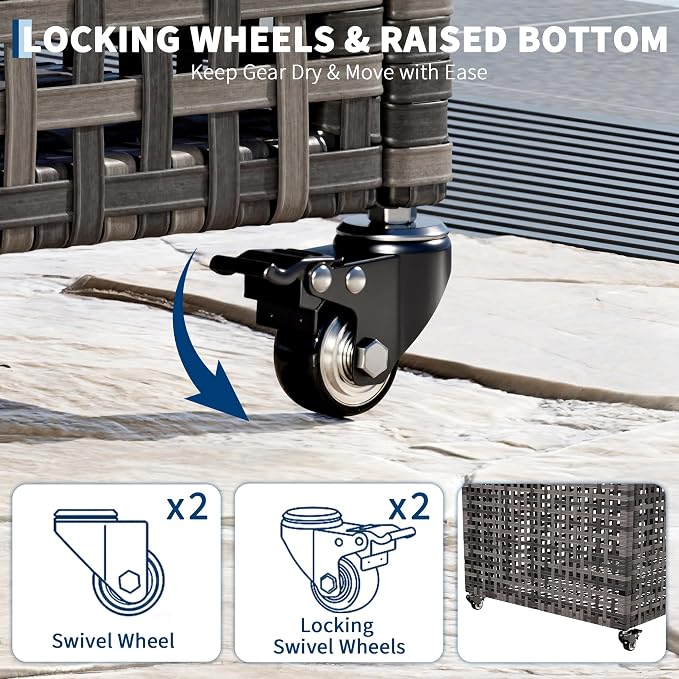TrailBlaze Heavy-Duty Outdoor Pool Float Storage Bin – Large Mesh Organizer with Wheels & Handrail – Weather-Resistant PE Rattan – Locking Casters – Patio Poolside Storage Bench – Size: 85×66×91cm,