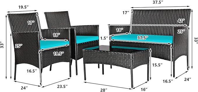 DORTALA 4 Pieces Patio Furniture Set, Rattan Conversation Set with Coffee Table & Cushions, Outdoor Wicker Sofa Set for Poolside, Backyard, Turquoise