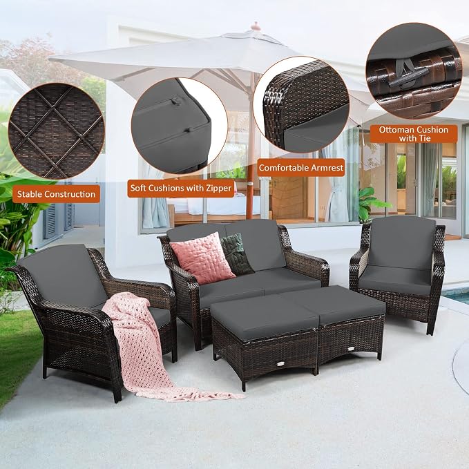 COSTWAY 5PCS Patio Wicker Rattan Furniture Set, Loveseat Sofa with Ottomans and Cushioned Chairs, Conversation Sets for Outdoor Garden Backyard