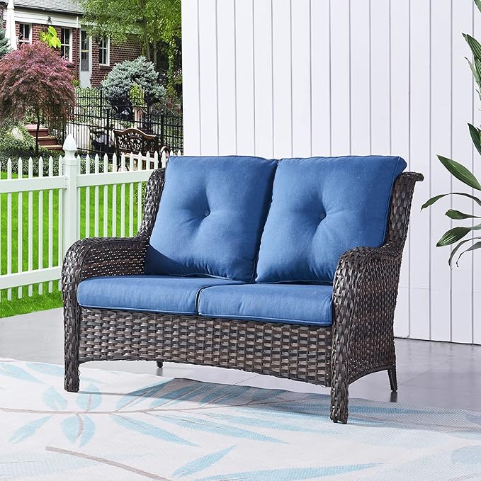 Rilyson Outdoor Loveseat Wicker Patio Sofa - 2-Seat Rattan Outdoor Couch Patio Furniture with Deep Seating and Comfortable Cushions for Outside Porch Deck Balcony(Brown/Blue)