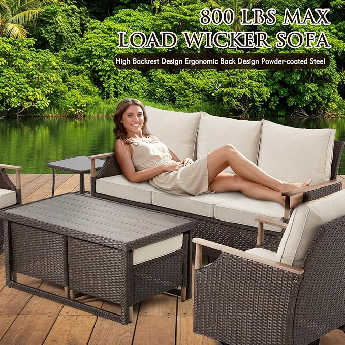 MELLCOM 7 Piece Patio Furniture Set Wicker Patio Conversation Set Rocking Bistro Set with 3 Seater Sofa, Coffee Table, Tempered Glass Side Table and 2 Ottoman, for Backyard Garden Patio(Beige, 7pcs)