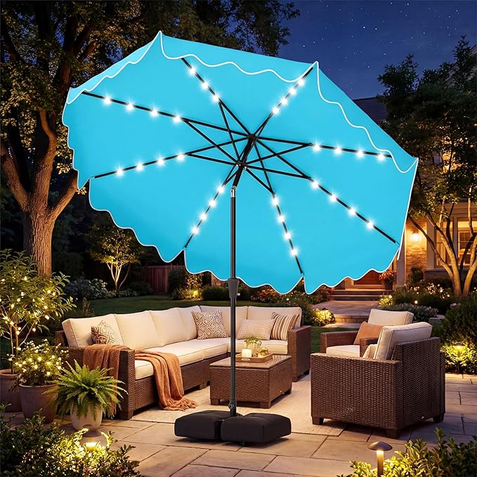 Tangkula 10 FT Solar Patio Umbrella with Base Included, 2-Tiers Outdoor Scalloped Table Umbrella with 32 LED Lights, 2 Sandbags, Tilt Adjustment, Crank, 8 Ribs for Market Backyard Pool Deck Beach Lawn (Turquoise, 10 FT)