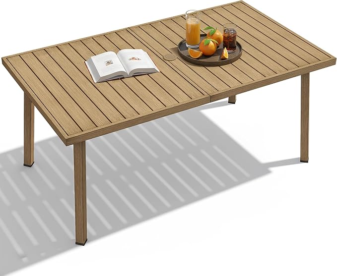 63"x35" Never-Rust Aluminum Outdoor Dining Table – Rectangular Patio Table for 6 with Umbrella Hole, Heavy Duty All-Weather for Poolside, Garden, Backyard, Porch, Deck, Teak