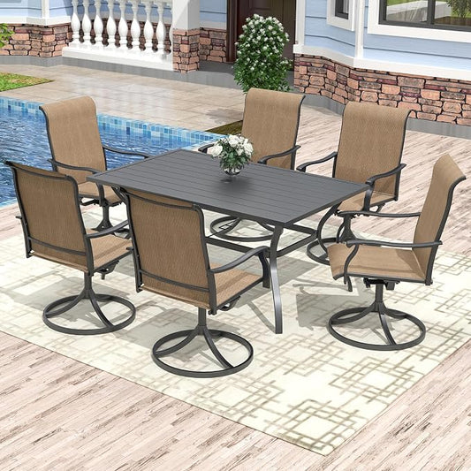 Anmutig 7 Pieces Outdoor Patio Dining Set 6 Swivel Patio Dining Chairs Textilene & 1 Rectangle Outdoor Dining Table for Backyard Bistro Garden Outdoor Furniture Set Brown