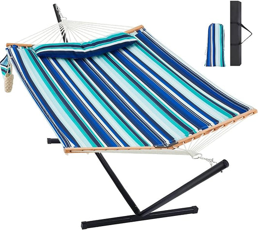Homgava Two Person Hammock with Stand for Outside Heavy Duty, Outdoor Patio Hammock with Portable Steel Stand, Large Double Hammocks,480lbs Capacity.(Blue Stripes)