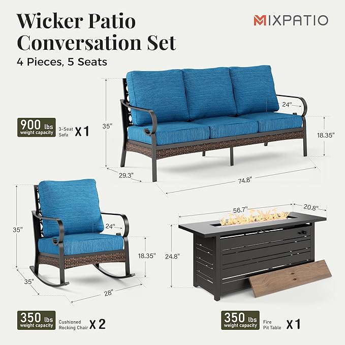 Patio Furniture Set with Firepit Table, Black Frame Outdoor Conversation Set with 2 x Rocking Chairs, 1 x 3-Seat Sofa for Lawn Garden Backyard, Pacific Blue