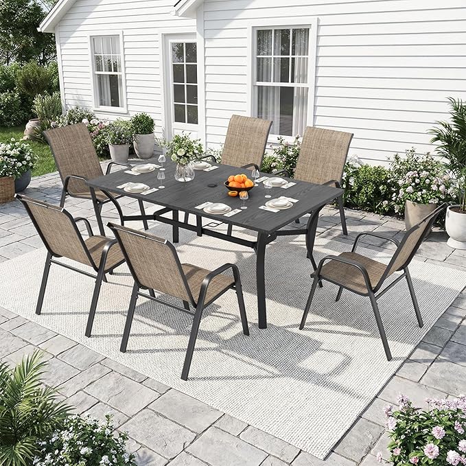 Outdoor Dining Set for 6, 7pcs Patio Table and Chairs Set with Adjustable Umbrella Hole,Heavy Duty 63”x37.8” Metal Dining Table and Stackable Patio Chair for Yard, Garden, Porch