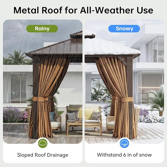 10x10FT Hardtop Gazebo, Metal Frame with Double Galvanized Steel Roof, Permanent Outdoor Pergola with Curtains and Netting Included for Backyard, Patio, Lawn and Garden, Brown