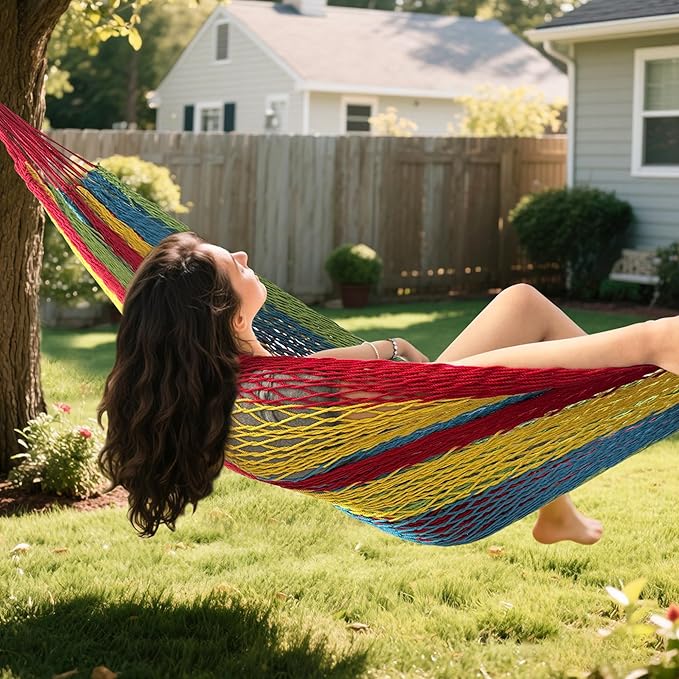 Handwoven Mayan Hammock with S Hooks - Breathable Open Weave for 1-2 Adults, Portable with Carry Bag by Bathonly (Backyard, Camping, Beach) - Multicolor