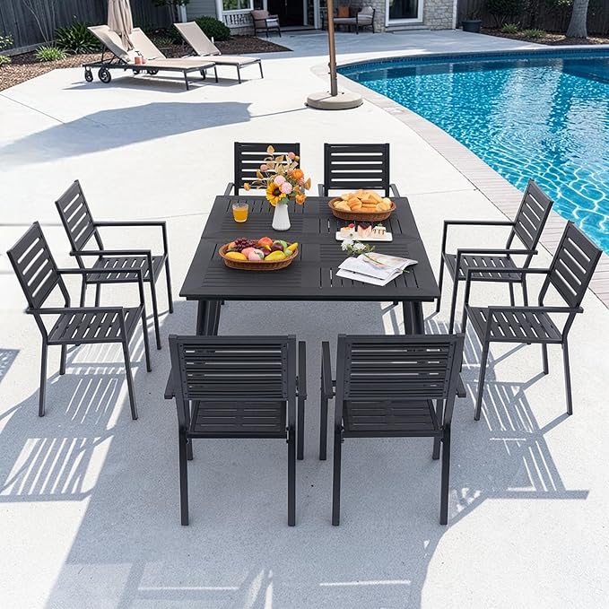 10-Piece Outdoor Dining Set - Two 47.25" HDPE Patio Tables and 8 Stackable Armrest Chairs - All-Weather Rust-Proof Steel Frame for Garden, Deck(Black)