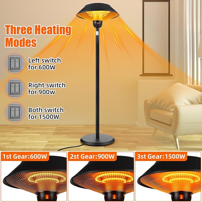 Glooglitter Patio Electric Outdoor Heater Stainless Steel 1500W Standing Infrared Heaters with Dust Cover for Indoor/Outdoor Use, 3 Heat Settings, Fast Heating, Height Adjustable, Tip-Over Protection