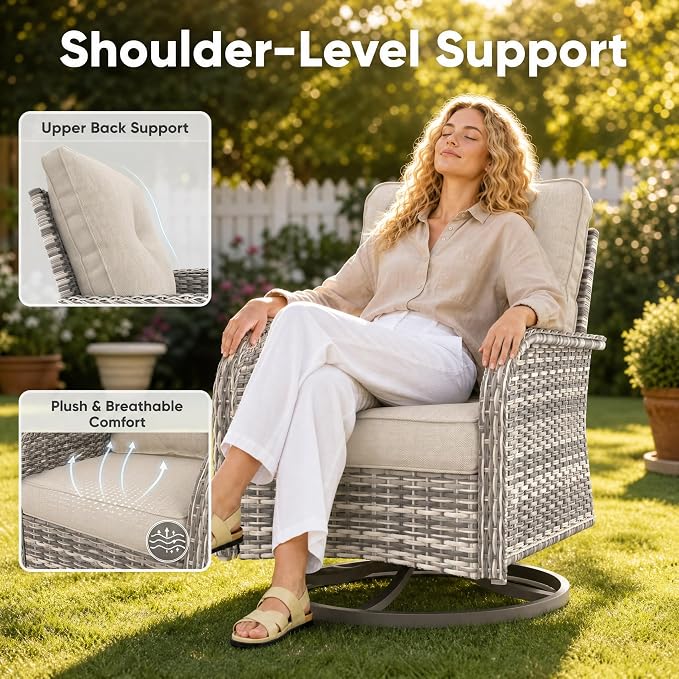 8-Piece Small Patio Furniture Set, Outdoor Swivel Rocking Chairs Set with Ottomans, Patio Bistro Set for Balcony, Deck, Porch, Khaki