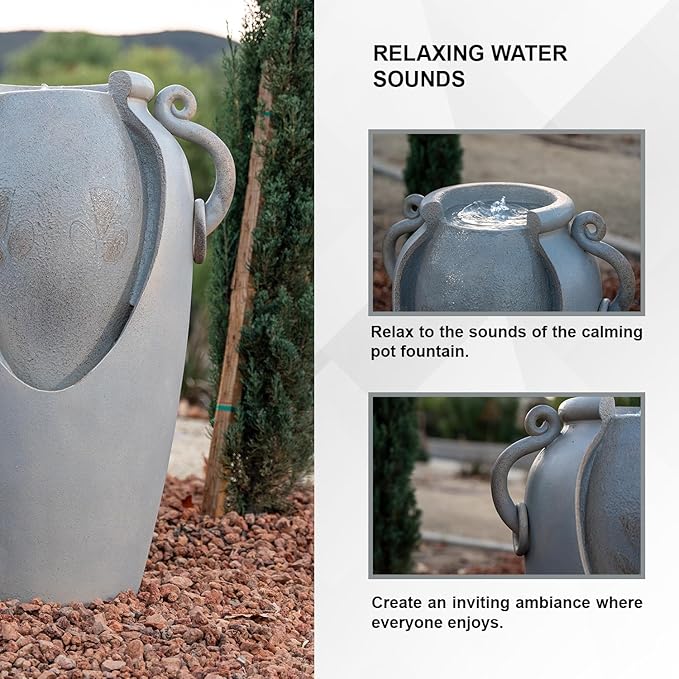Xbrand 34" Solar Pot Fountain, Amphora-Inspired Design, Outdoor Water Fountain, Polyresin, Gray