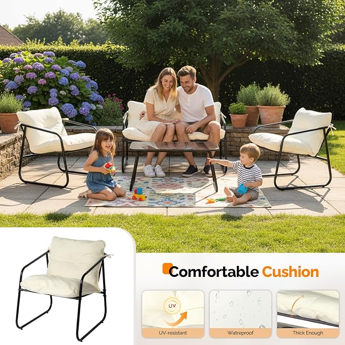 VINGLI 4 Piece Patio Conversation Set, Outdoor Furniture Set with Glass Coffee Table & Comfortable Cushion, All-Weather Cushioned Seating for Garden, Backyard, Porch, White