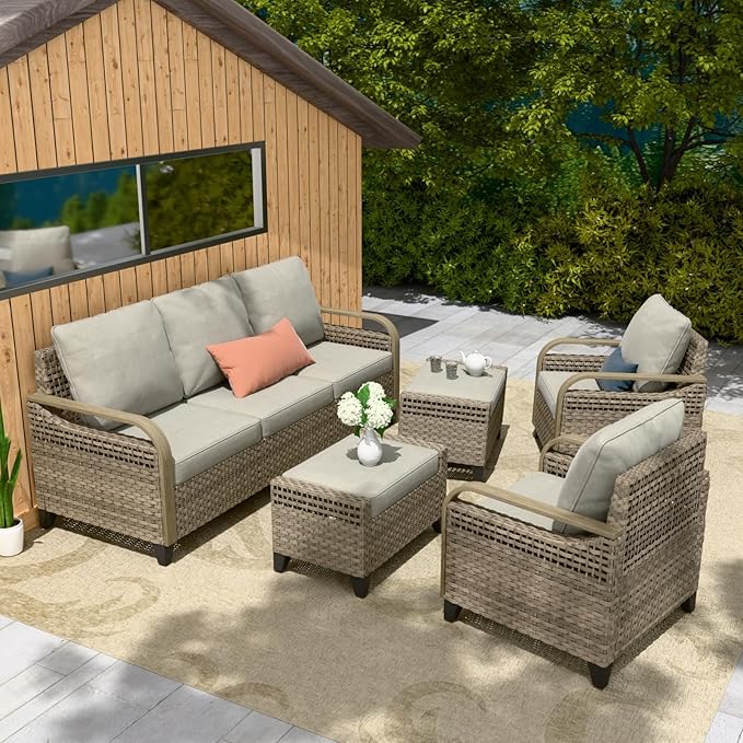 COOS BAY Modern Wicker Outdoor Furniture Set, 5 Piece Patio Conversation Set with 2 Patio Chairs, a 3 Seat Couch and 2 Ottomans, 5 Piece, Brown/Gray