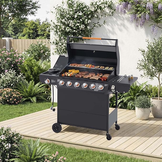 6-Burner Propane Gas BBQ Grill with Side Burner, 72,000 BTU Stainless Steel Barbecue Grill with Cast Iron Grates and Side Table for Outdoor Cooking Kitchen Patio