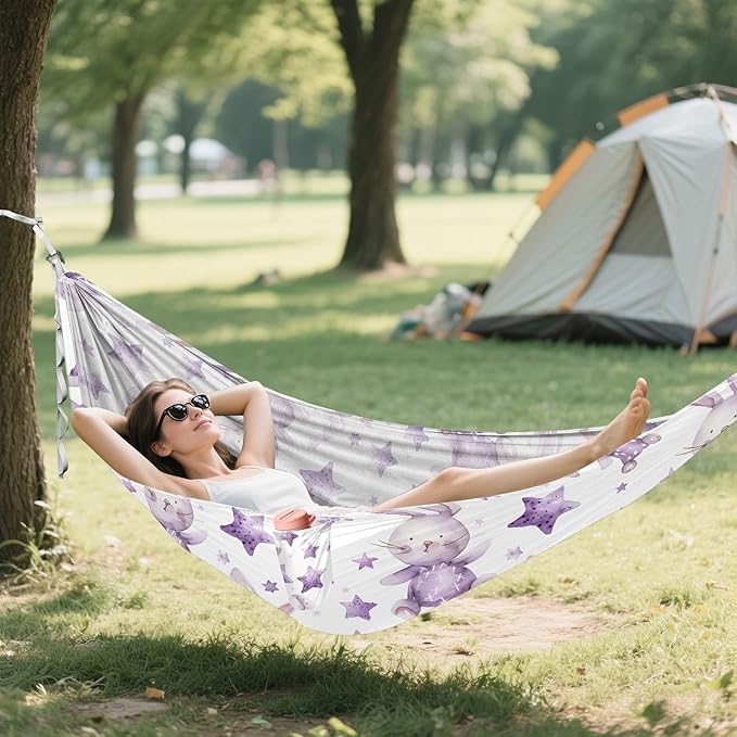 Camping Hammock Outdoor Hammocks for Outside Purple Rabbit Star Beach Trees Portable Lightweight with Pockets Tree Straps Indoor Small