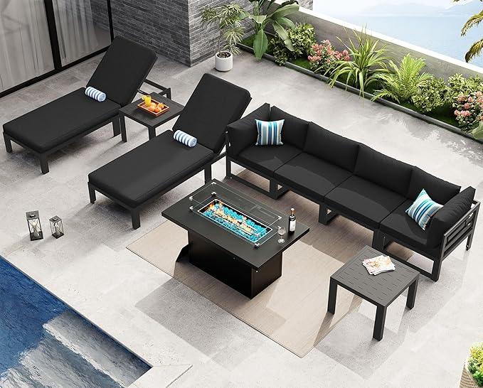 NICESOUL 9 Piece Extra Large Modern Aluminum Patio Furniture Set, Weather Resistant Modular Outdoor Conversation Set with Chaise, 500 lbs Heavy Duty Comfortable Sectional Sofa for Poolside Deck, Black