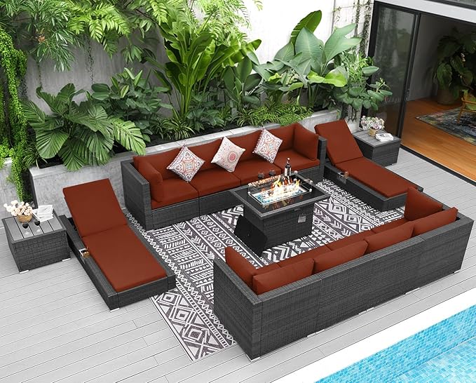 NICESOUL 13 Piece Outdoor Seating with Fire Pit Table, High-End Wicker Patio Furniture Set with Chaise Lounge, Comfy 29.3'' High Back Deep Sectional Sofa, All-Weather Backyard Sitting, Grey & Red