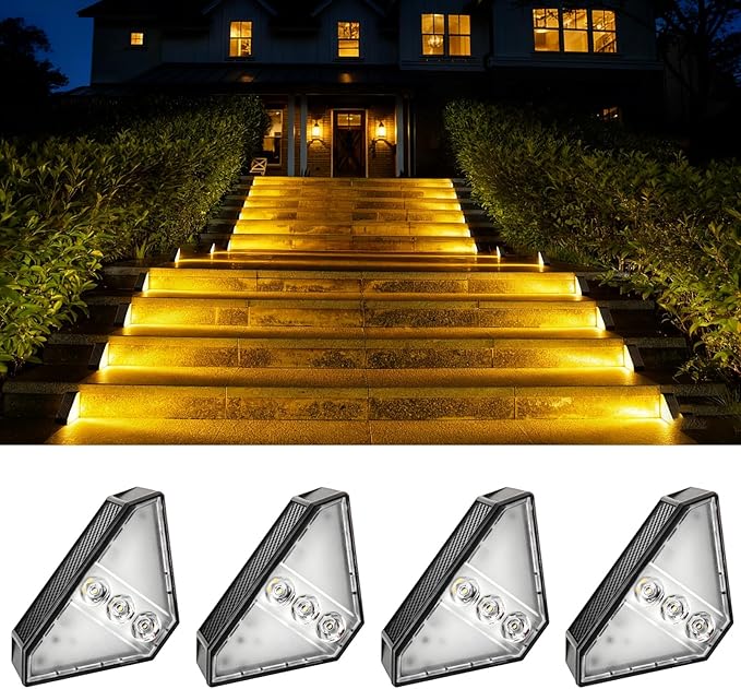 Upgraded Wireless Solar Step Lights. 5X Longer Life Than Ordinary. Strong 3M Adhesive + Screws. IP65 Waterproof for Stairs/Decks/patios. Reliable Performance(Warm White)