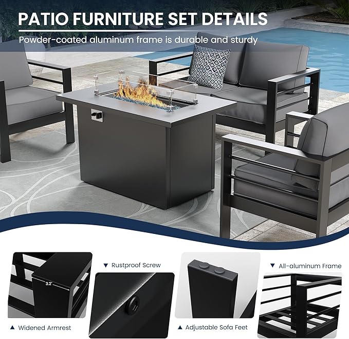 Amopatio Patio Furniture with Fire Pit, 5 Pcs Aluminum Outdoor Sectional Metal Patio Sofa Sets with Aluminum Fire Pit Table for Backyard(Included Waterproof Covers)