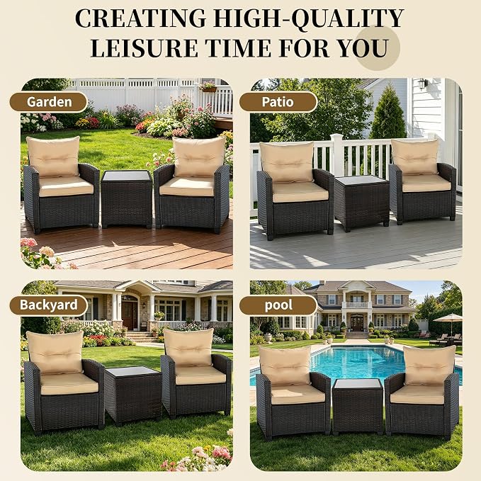 3 Pieces Patio Furniture Set,Outdoor Wicker Conversation Set,Outdoor Wicker Patio Chairs with Cushions & Glass Coffee Table,Bistro Set Outdoor for Porch (Beige)