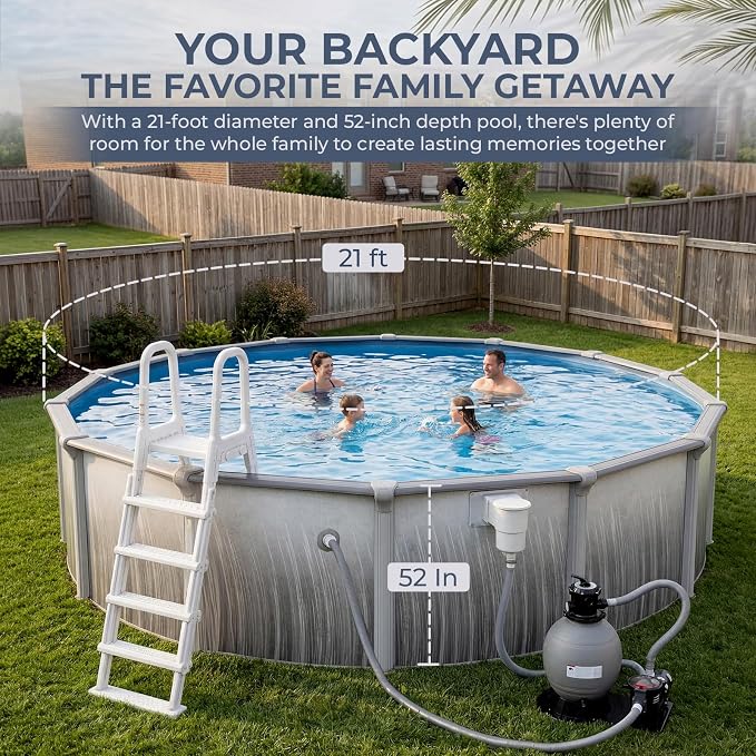 Blue Wave Martinique 21-ft Round 52-in Deep Hard Sided Above Ground Pool Kit with 7-in Steel Top Rails, Dual-Speed Sand Filter System, Ladder, Liner, Skimmer & Maintenance Kit – 9,900 Gallon Cap