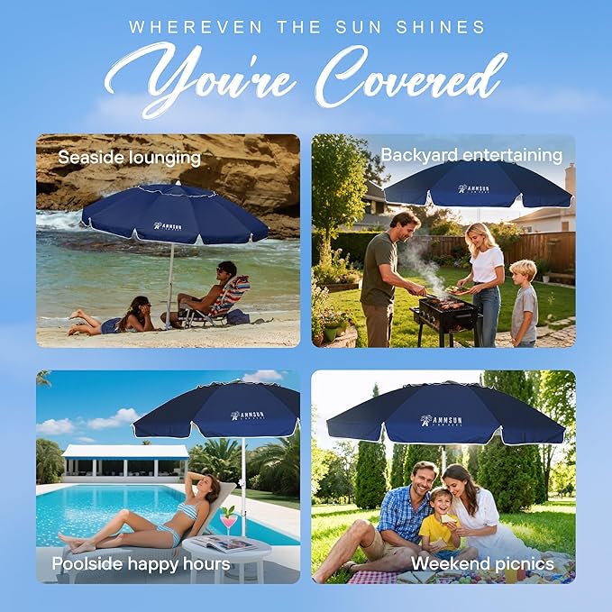 AMMSUN 8 Feet Large Beach Umbrella with Sand Anchor Heavy Duty High Wind Portable Outdoor Umbrellas UV 50+ Protection Air Vent Tilt Patio Garden Pool