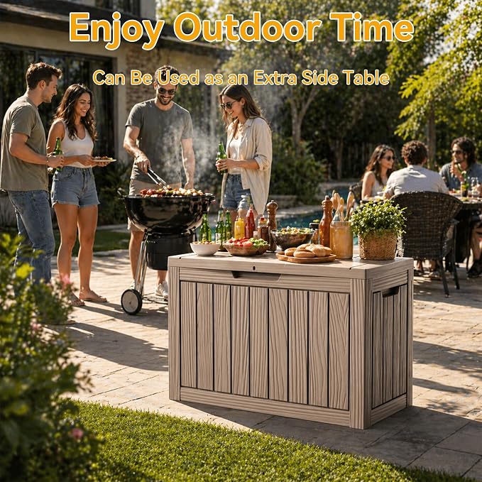 50 Gallon Deck Box for Outdoor and Indoor Use, Outdoor Storage Box for Picnic Supplies, Gardening Tools Waterproof, Lockable and Easy to Install Grey