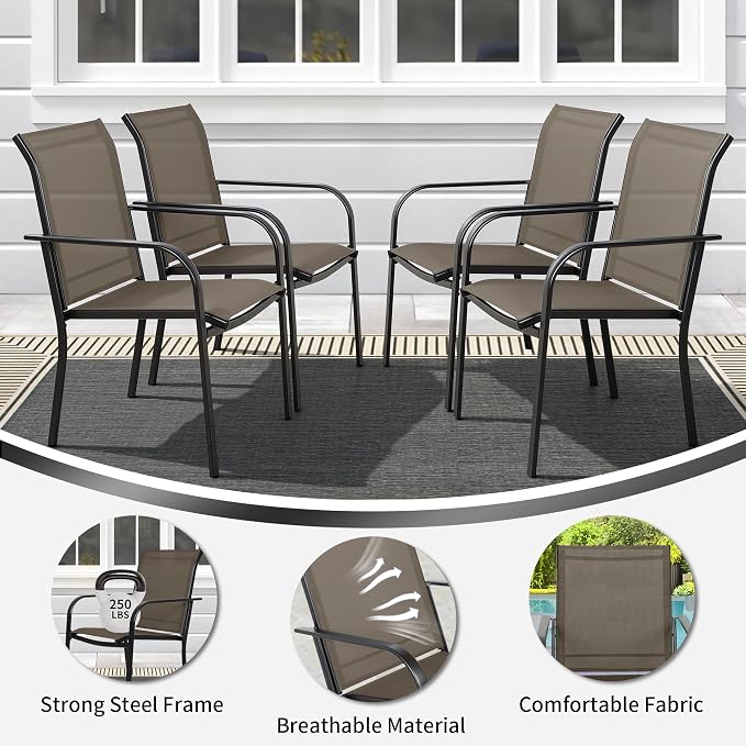 SUNCROWN 5 Pieces Outdoor Dining Set, Patio Furniture Set with 4 x Textilene Dinning Chairs and 1 Steel Slat Metal Bistro Table for Lawn Garden Backyard Deck - Brown