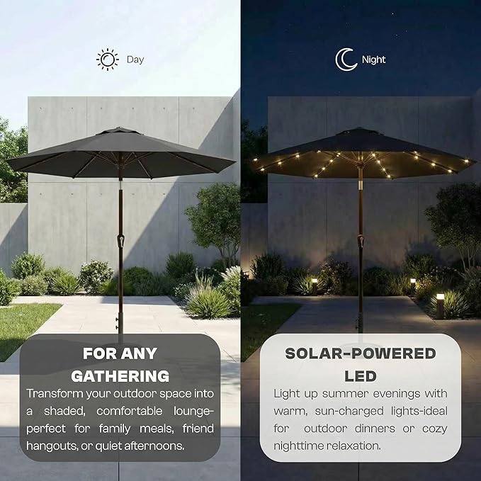 11FT Solar Lighted Patio Umbrella, Outdoor Table Market Umbrellas with Crank Lift, 32 LED Lights, 8 Sturdy Ribs, UV-Resistant for Deck, Garden, Pool