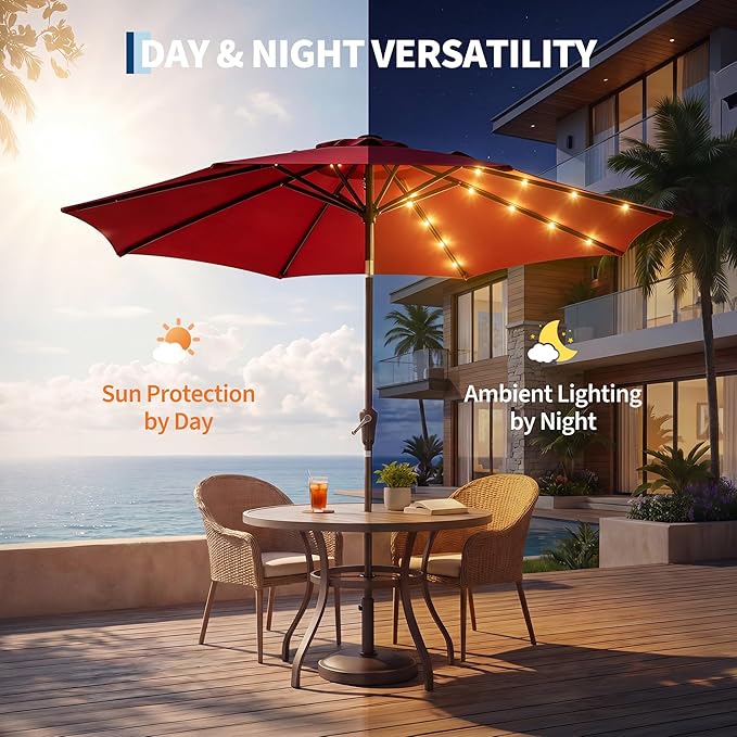 Garvee 9FT Patio Umbrella with 32 Solar LED Lights, Outdoor Table Market Umbrella with Tilt and Crank, 8 Sturdy Iron Ribs Sun Shade for Garden, Deck, Backyard and Pool, Red