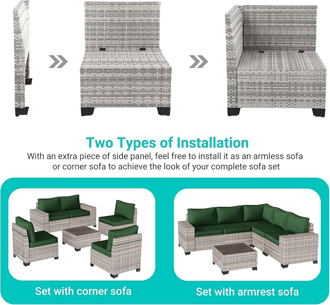 12-Piece Outdoor Patio Furniture Set with Rocking Swivel Chair, PE Wicker Rattan Sectional Sofa 55,000 BTU Fire Pit Table Patio Conversation Set with Ottomans and Chunky Arms, Green