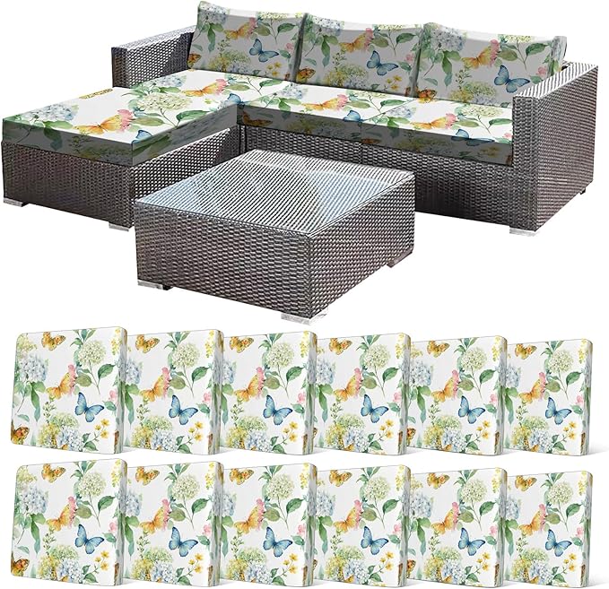 CALBODE 12 Pcs Stretch Outdoor Seat Cushion Covers, Washable Chair Seat Cover for Patio Furniture Cushions Soft Indoor and Outdoor Couch Cover Replacement (Colorful Garden, Cover Only)