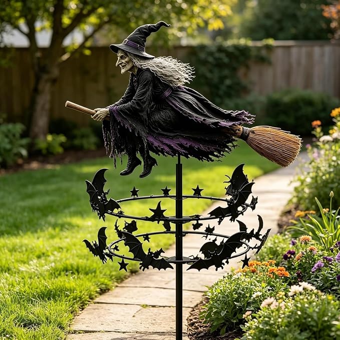 The Enchanted Witch Garden Wind Spinner, Metal Halloween Yard Art Outdoor Decor, Outdoor Garden Stake Decoration, Halloween Lawn Ornament, for Garden Patio Pathway Fall Decorations (2PCS)
