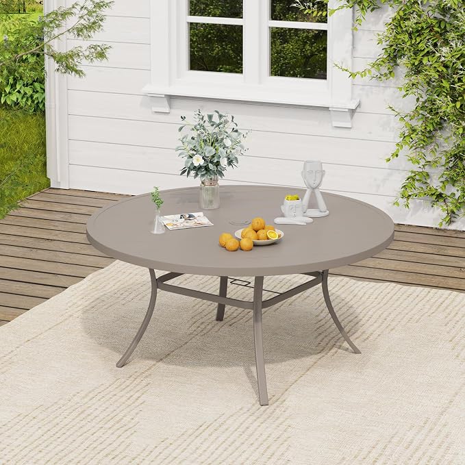 VICLLAX 53" Round Patio Table, Outdoor Dining Table for 8 with Umbrella Hole for Garden Lawn Deck Backyard, Sandshell