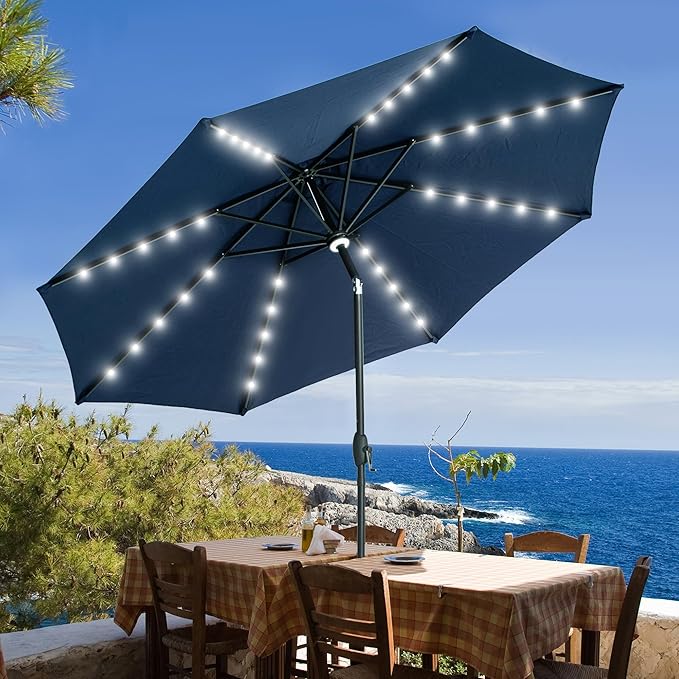 GDY 10Ft Patio Umbrella, Table Umbrella with 40 LED Lights, Outdoor Umbrellas for Patio, with Tilt and Crank, Center Light, for Garden, Deck, Backyard, Pool, and Beach.