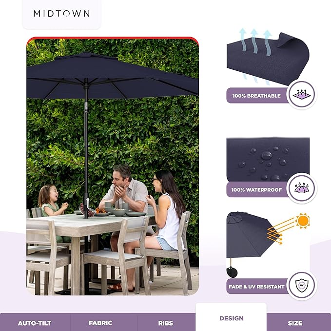 The Swilt 9 Feet Outdoor Umbrella With Terylast Navy (Navy Blue) Polyester Fabric - Fiberglass Ribs, Auto-Tilt And Swivel Aluminum Frame Patio Umbrella For Deck, Garden, Pool - Black Pole