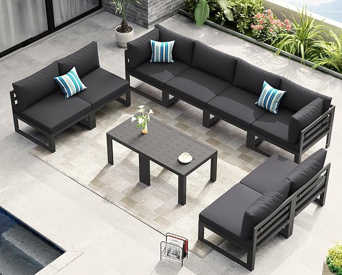 NICESOUL 8 Person Modern Aluminum Outdoor Patio Furniture Set, 29" Wide Deep Seating, All-Weather Anti-Rust L Shaped Modular Sectional Couch, Large Comfy Conversation Set for Backyard Lawn, Dark Gray
